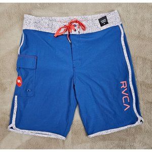 RVCA Classic Length Blue/White Noise Trim 4-Way Stretch Swim Trunks